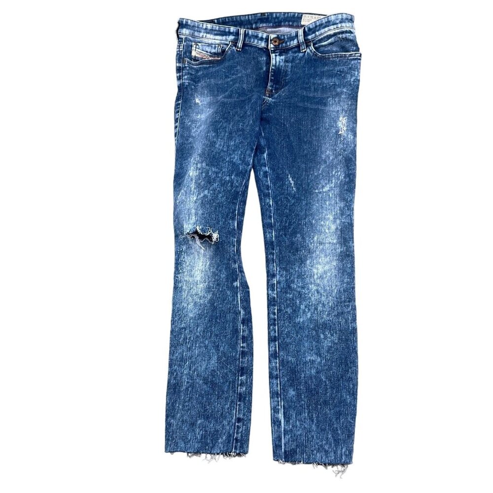 Diesel Jeans Women 31W 26.5L Blue Acid Wash Skinzee Super Slim Skinny Cut Off‎